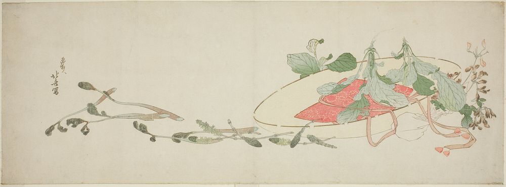 Flowers and spring greens in a hat by Katsushika Hokusai