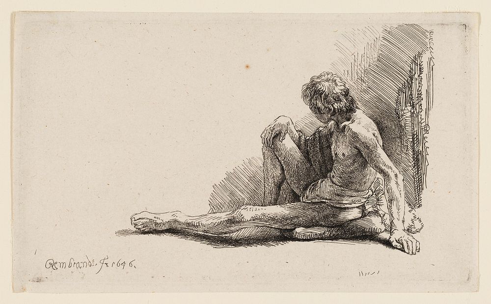 Nude Man Seated on the Ground with One Leg Extended by Rembrandt van Rijn