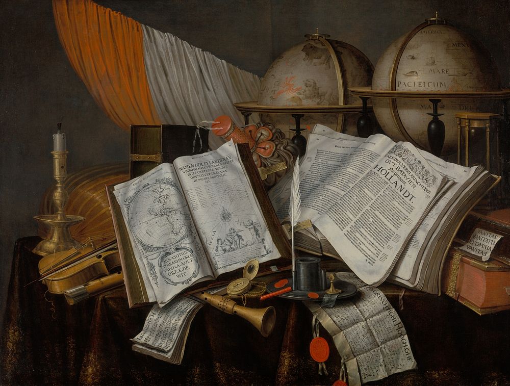 A Vanitas Still Life with a Flag, Candlestick, Musical Instruments, Books, Writing Paraphernalia, Globes and Hourglass by…