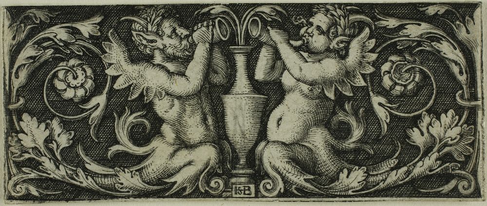 Ornament with Two Tritons, from Four Vignettes by Hans Sebald Beham