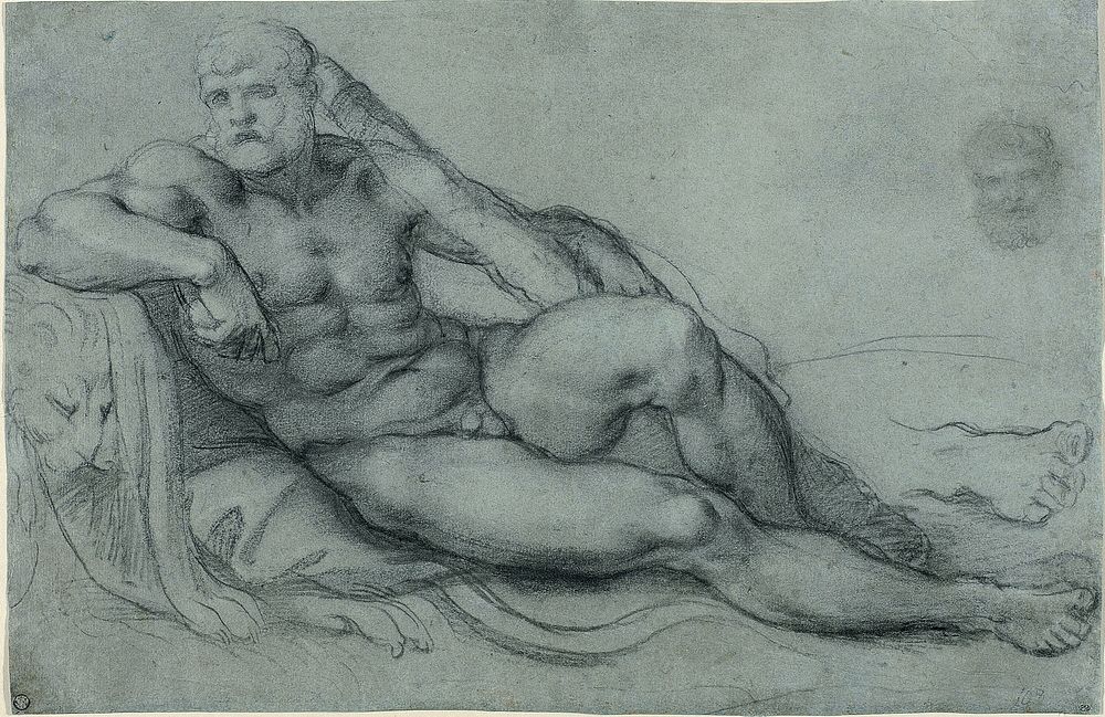 Study of Hercules Resting, with Separate Studies of His Head and Foot (recto); Rectangular grid design (verso) by Annibale…