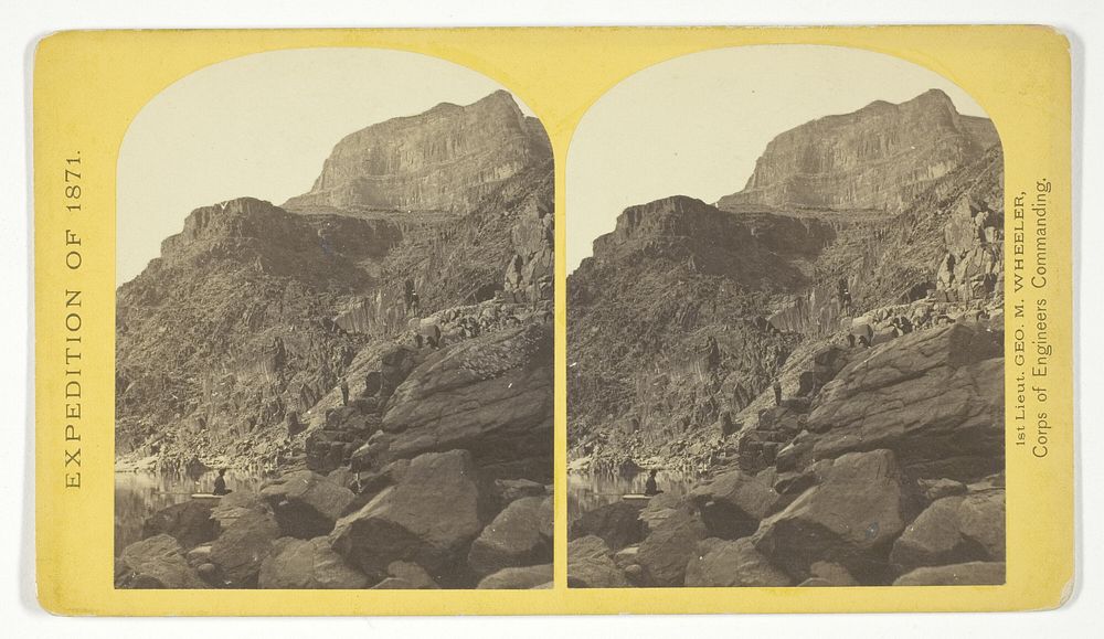 View of Grand Cañon walls, near mouth of Diamond River. From water line to first shelf 1.500 feet; from shelf to top of…