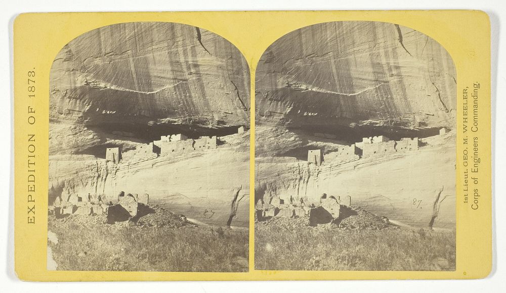Ruins in Cañon de Chelle, N. M., in a cavity in the wall, 60 feet above present bed of Cañon. Height of walls about 700…