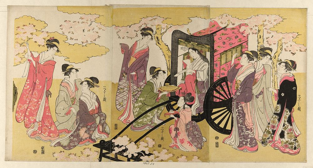 Noble woman in a carriage viewing cherry blossoms by Chôbunsai Eishi