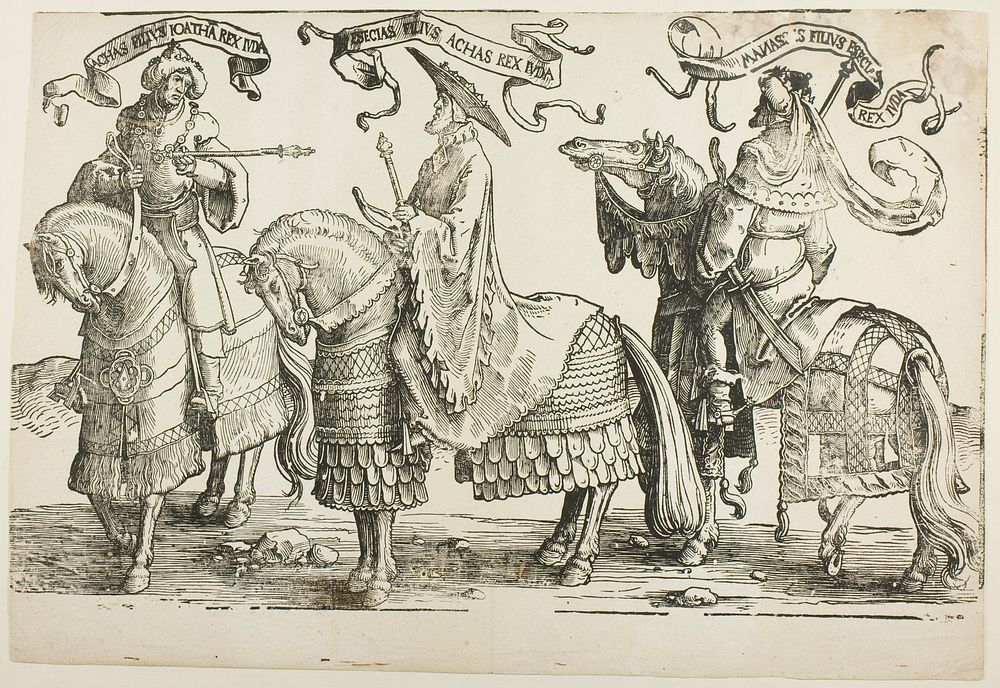 Ahaz, Hezekiah, Manasses, plate four, from The Twelve Kings of Israel by Lucas van Leyden