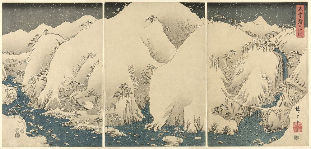 Mountains and Rivers on the Kiso Road (Kisoji no yamakawa), from an untitled series of triptychs by Utagawa Hiroshige