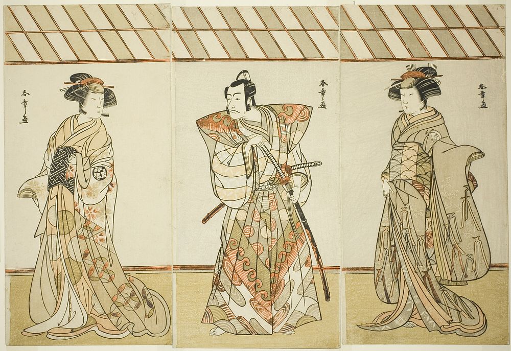 Actors Onoe Tamizô I, Ichikawa Danjûrô V, and Osagawa Tsuneyo II, in (possibly) “A Dandyish Brocade: Opposing Warriors”…