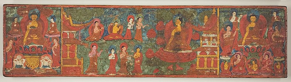 One of a Pair of Manuscript Covers with Buddha Overcoming Temptation Surrounded by Disciples