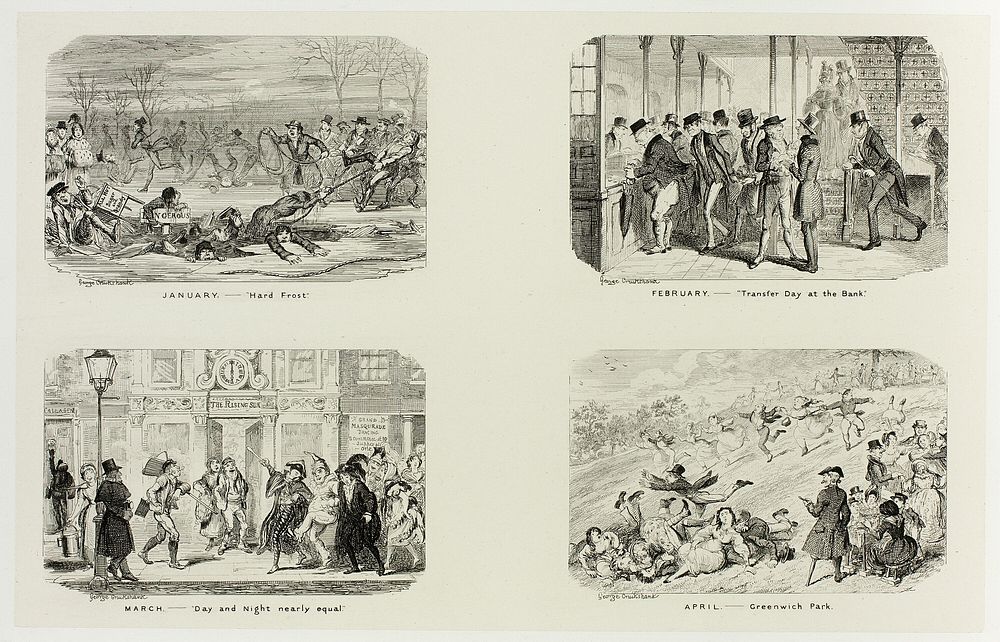 January – "Hard Frost" from George Cruikshank's Steel Etchings to The Comic Almanacks: 1835-1853 (top left) by George…