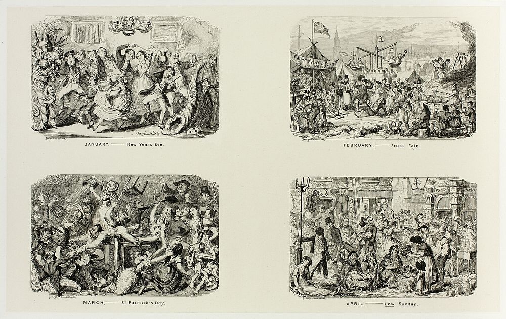 January – New Year's Eve from George Cruikshank's Steel Etchings to The Comic Almanacks: 1835-1853 (top left) by George…
