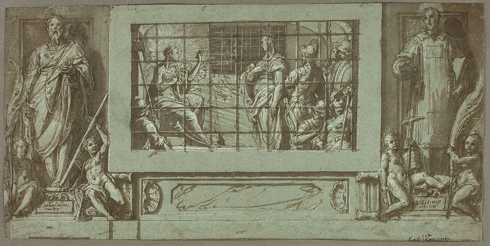 Saint Catherine in Prison Converting the Empress Faustina to Christianity, Flanked by Saints Saturnius and Simon by Federico…