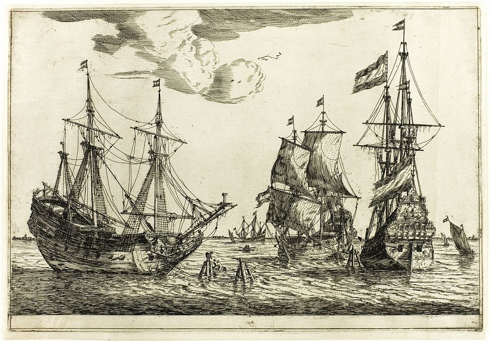 Three Moored Sailing Vessels, from Thirteen Naval Scenes by Reinier Zeeman, (Reinier Nooms)
