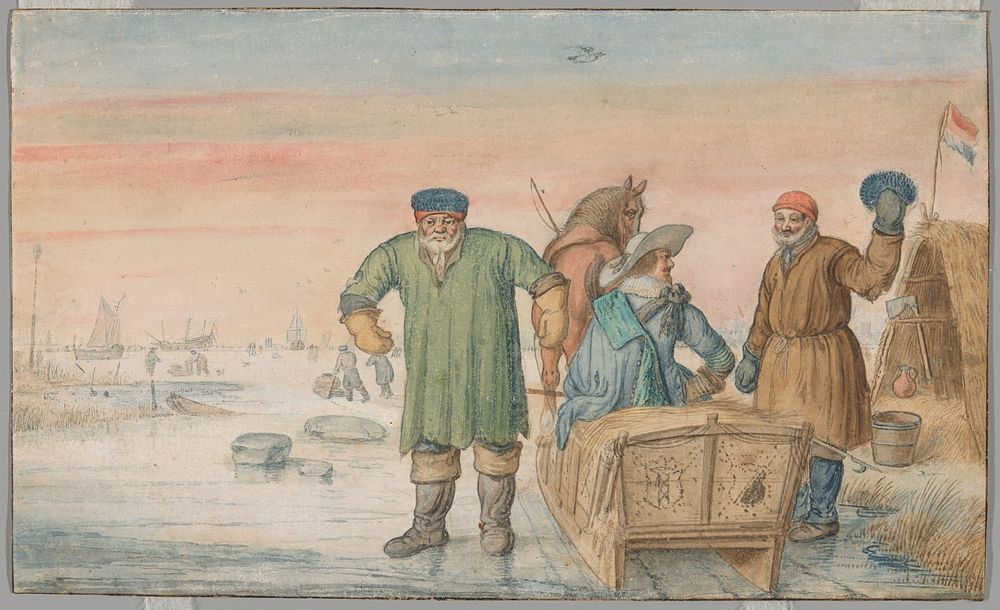 Two Old Men beside a Sled Bearing the Coats of Arms of Amsterdam and Utrecht by Hendric Avercamp