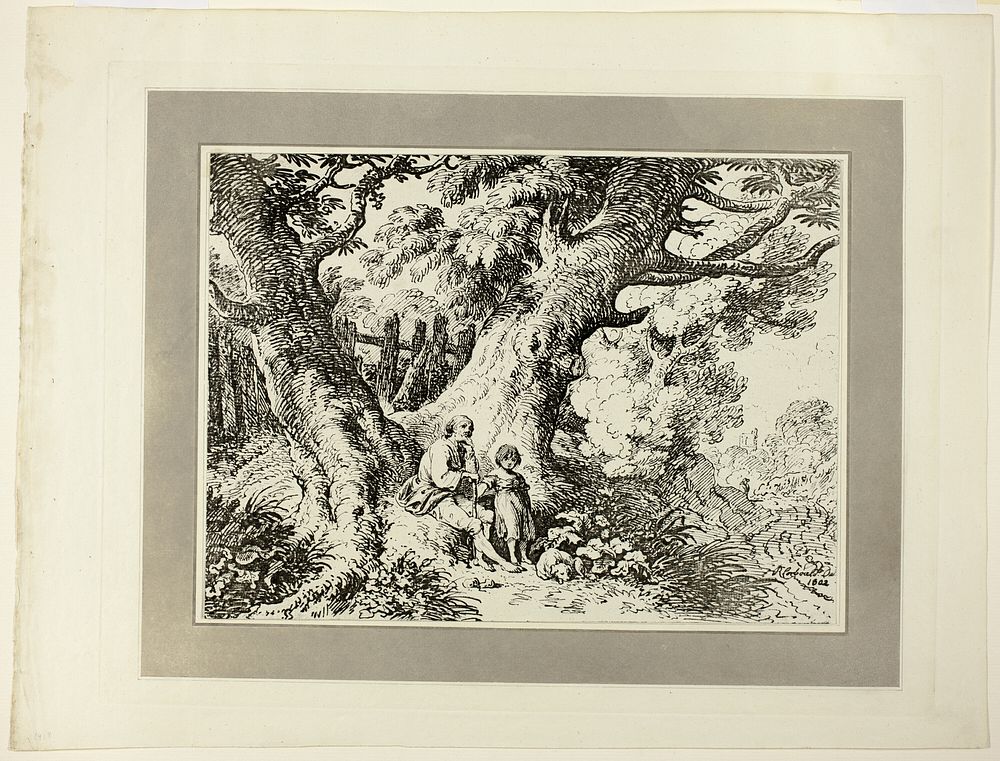 Old Trees with Old Man, a Girl, and a Dog, from the first issue of Specimens of Polyautography by Richard Corbould