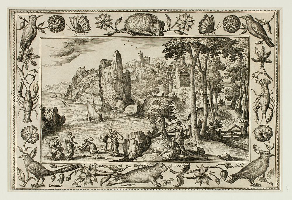 Pharaoh's Daughter Finding Moses, from Landscapes with Old and New Testament Scenes and Hunting Scenes by Adriaen Collaert…