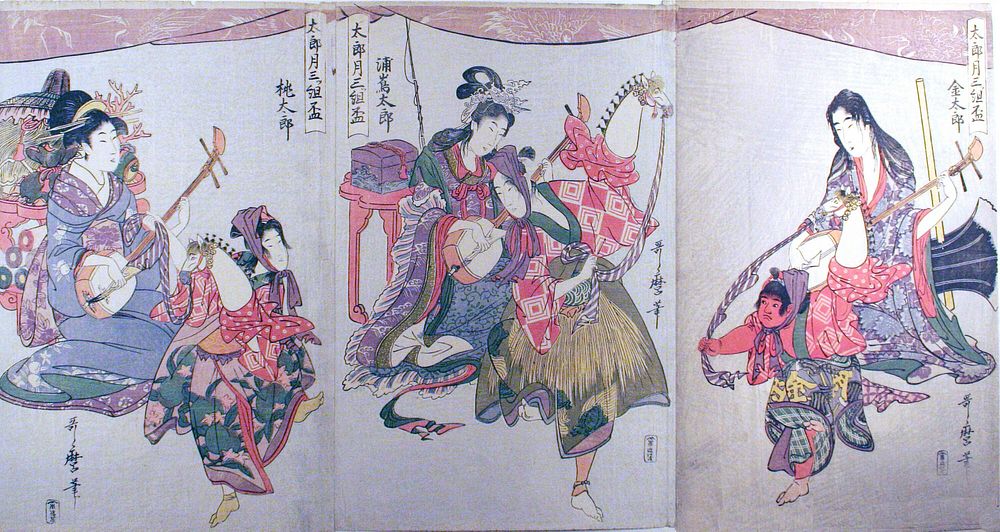Kintaro, Urashimataro, and Momotaro, from the triptych "Set of Three Sake Cups for the First Month (Tarozuki mitsugumi…