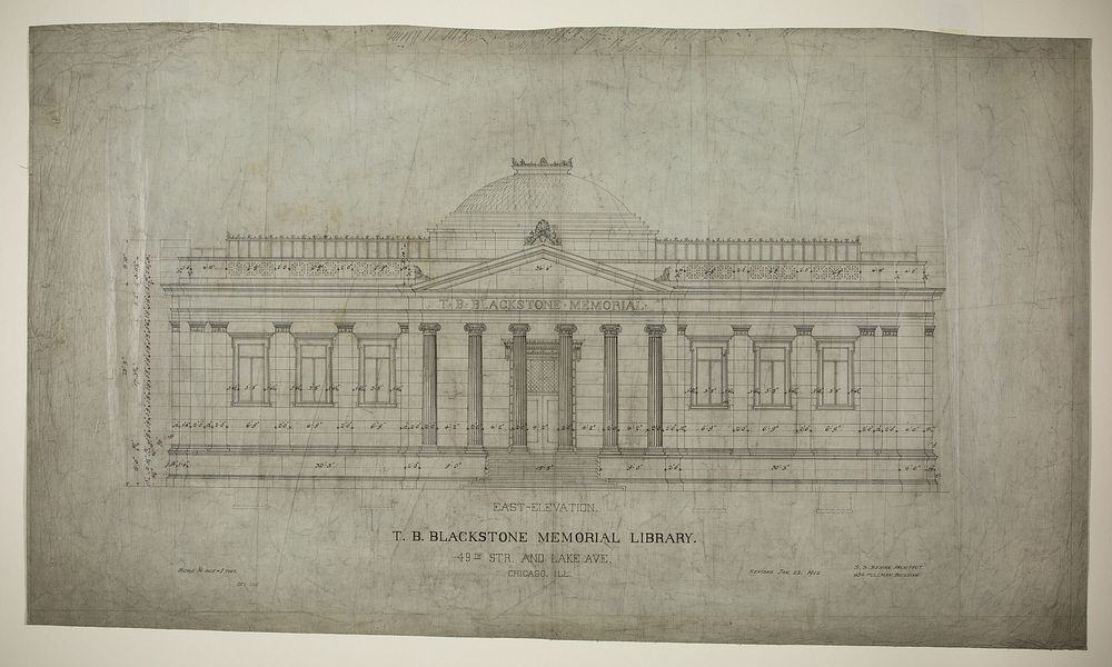 T.B. Blackstone Memorial Library, Chicago, Illinois, East Elevation by Solon Spencer Beman (Architect)
