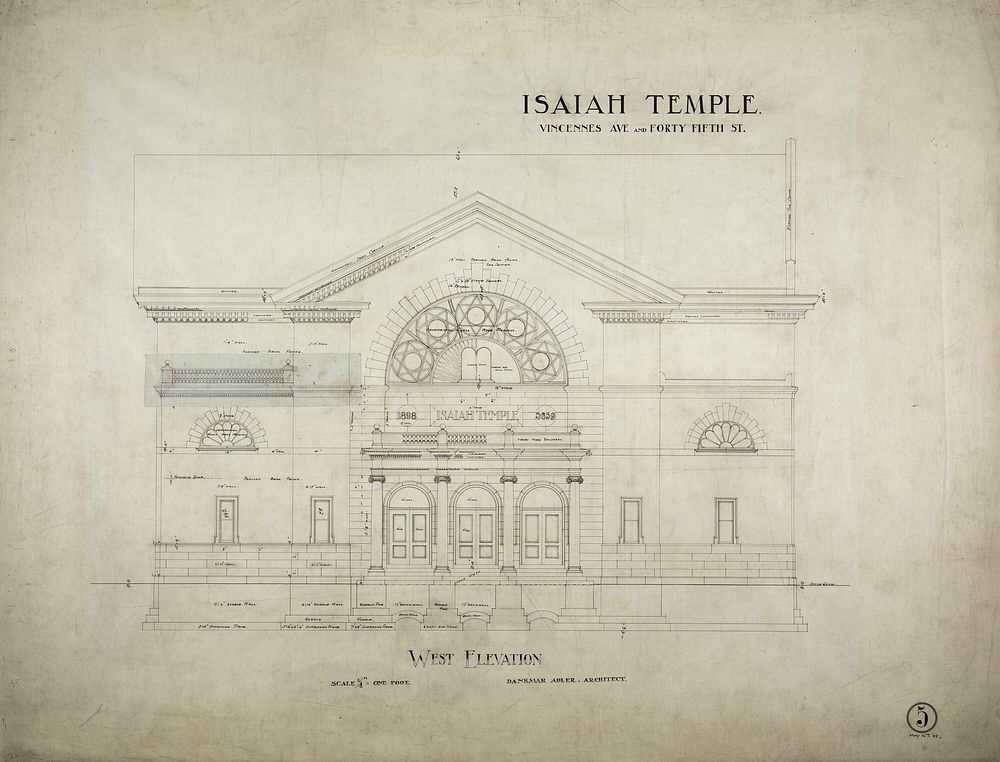 Isaiah Temple, Chicago, Illinois, West Elevation by Dankmar Adler (Architect)