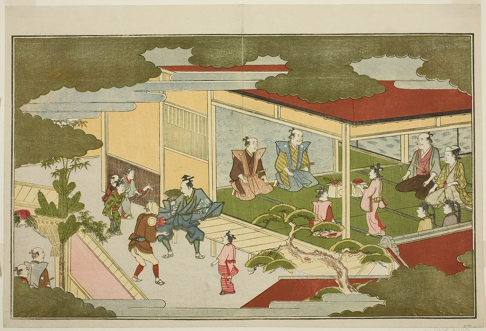 New Year in a Samurai Mansion, from the illustrated kyoka anthology "The Young God Ebisu (Waka Ebisu)" by Kitagawa Utamaro