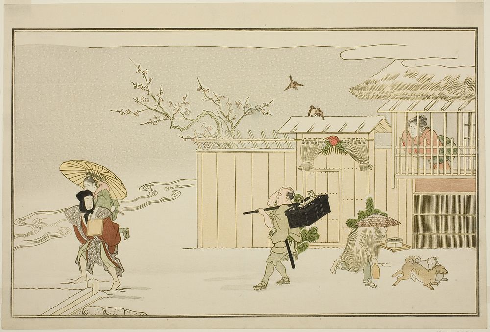 Delivering New Year Gifts in the Snow, from the illustrated kyoka anthology "The Young God Ebisu (Waka Ebisu)" by Kitagawa…