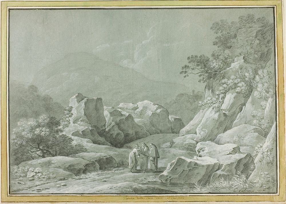 Two Monks giving Water to a Woman and Child in the Wilderness by Carlo Labruzzi