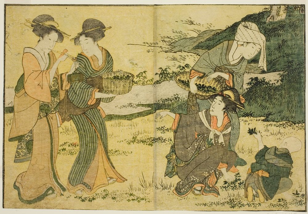Gathering Spring Herbs, from the illustrated book "Picture Book: Flowers of the Four Seasons (Ehon shiki no hana)," vol. 1…