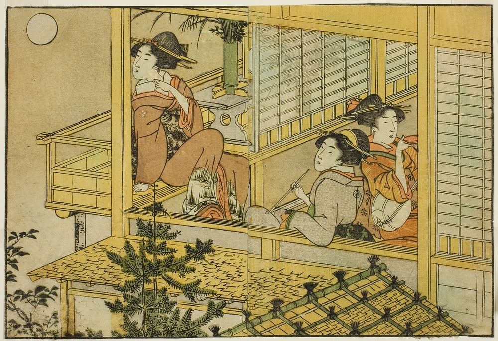 Moon-Viewing Party, from the illustrated book "Picture Book: Flowers of the Four Seasons (Ehon shiki no hana)," vol. 2 by…