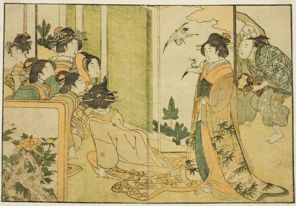 New Year Manzai Performance at a Feudal Lord's Mansion, from the illustrated book "Picture Book: Flowers of the Four Seasons…