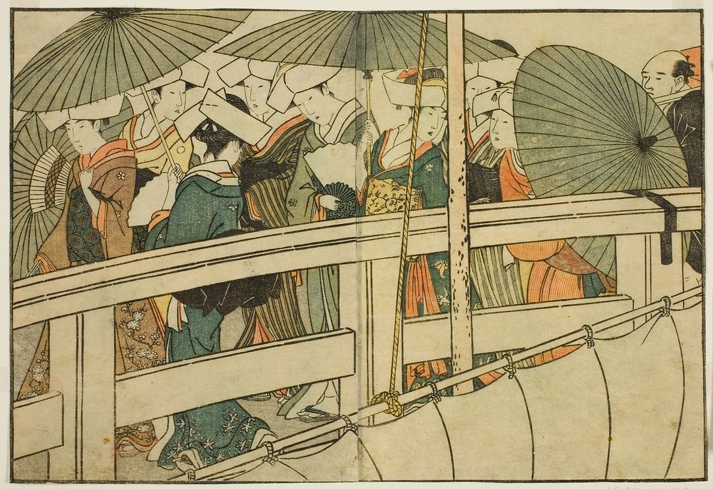 Crossing a Bridge in Summer, from the illustrated book "Picture Book: Flowers of the Four Seasons (Ehon shiki no hana),"…