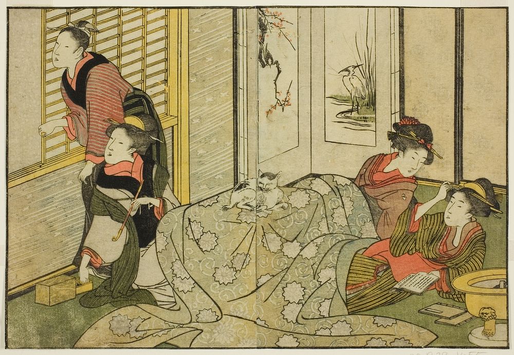 Interior Scene on a Snowy Day, from the illustrated book "Picture Book: Flowers of the Four Seasons (Ehon shiki no hana),"…