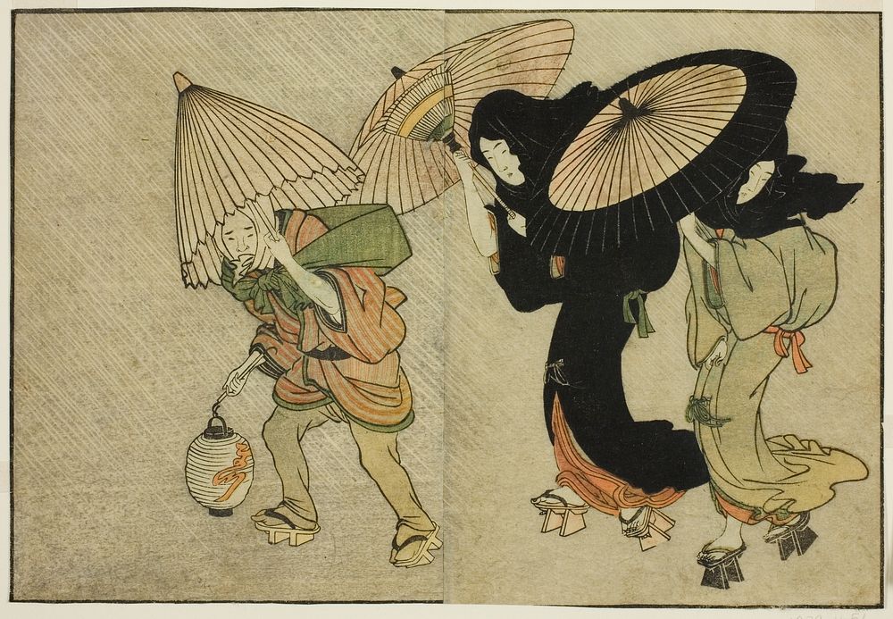 Two Women and Attendant Caught in a Storm, from the illustrated book "Picture Book: Flowers of the Four Seasons (Ehon shiki…