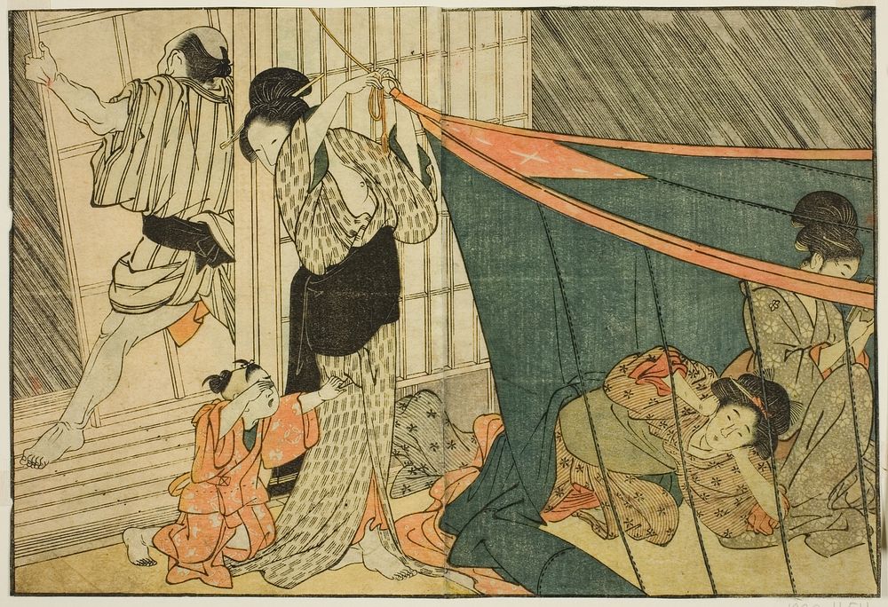 Women Inside a Mosquito Net During a Thunderstorm, from the illustrated book "Picture Book: Flowers of the Four Seasons…