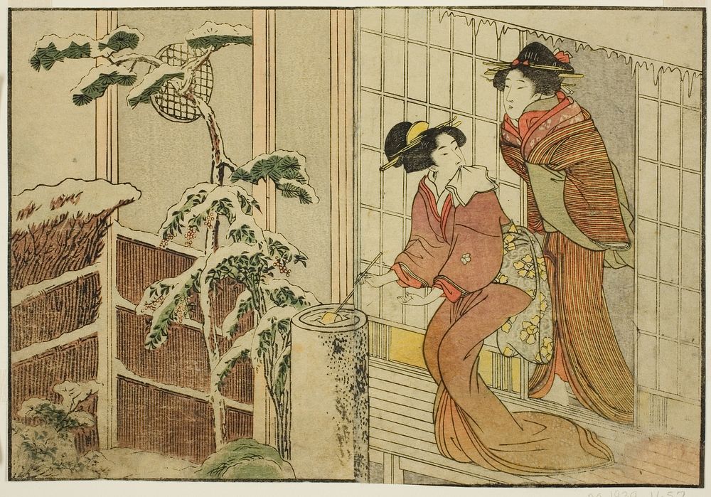 Two Women on Verandah on a Snowy Morning, from the illustrated book "Picture Book: Flowers of the Four Seasons (Ehon shiki…