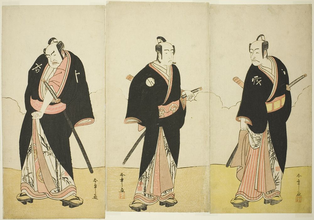 Actors Ichikawa Danjôrô V as Gokuin Sen’emon, Bandô Mitsugorô I as An no Heibei, and Nakamura Sukegorô II as Kaminari…