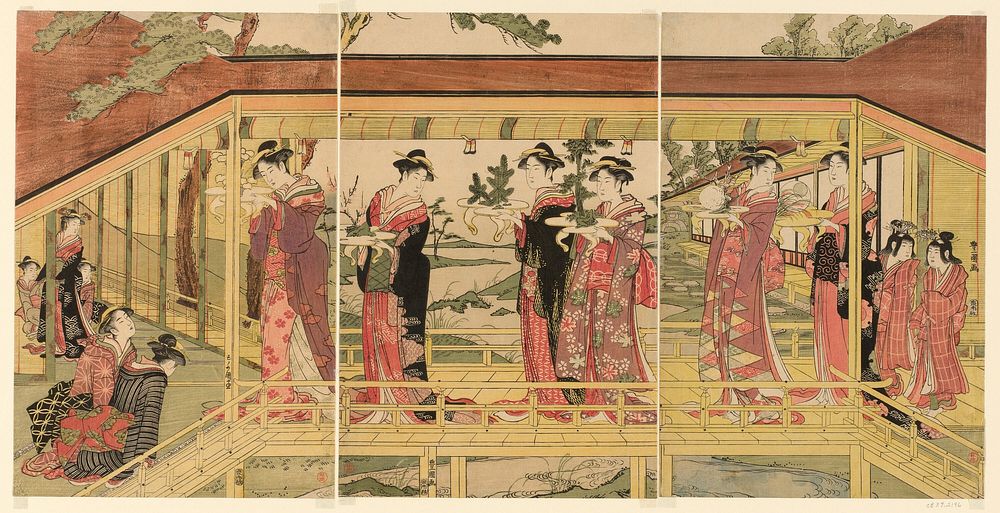 A procession of women holding shimadai decorations by Utagawa Toyokuni I