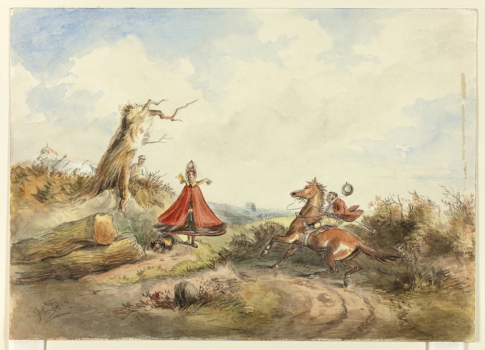 Horse with Rider Shying Away From Woman with Dog by Hablot Knight Browne