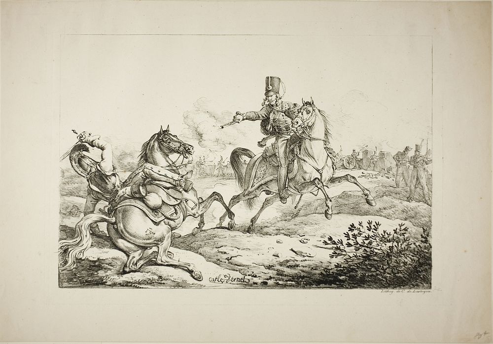 Hussar Discharging his Pistol at a German Dragoon by Carle Vernet