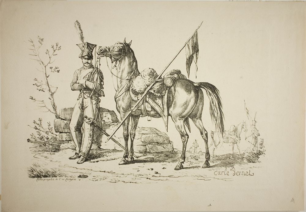 Lancer on Foot Walking Next to his Horse by Carle Vernet