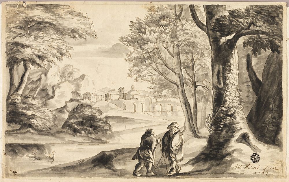 Two Travelers under Tree with Village and Bridge in Distance by William Kent