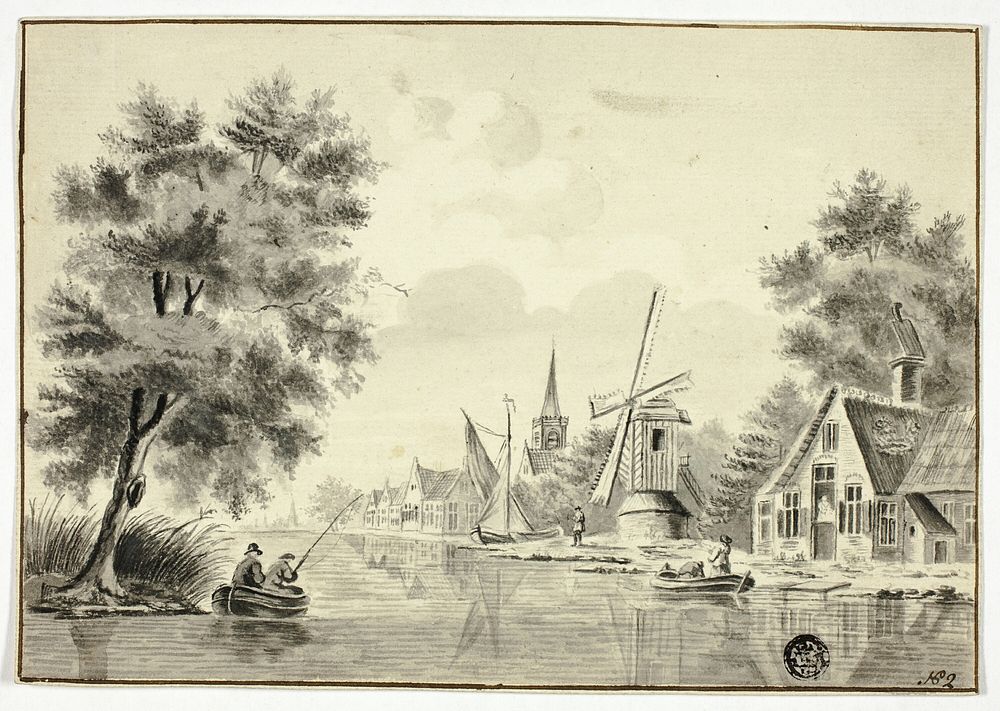 Houses and Windmill Beside Canal by Isaac van Ketweg