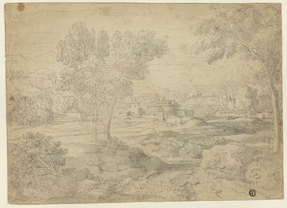 Italianate Landscape with Buildings by Follower of Nicolas Poussin