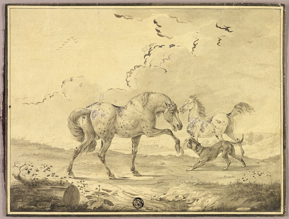 Two Horses Fighting Dog by Johann Georg Pforr