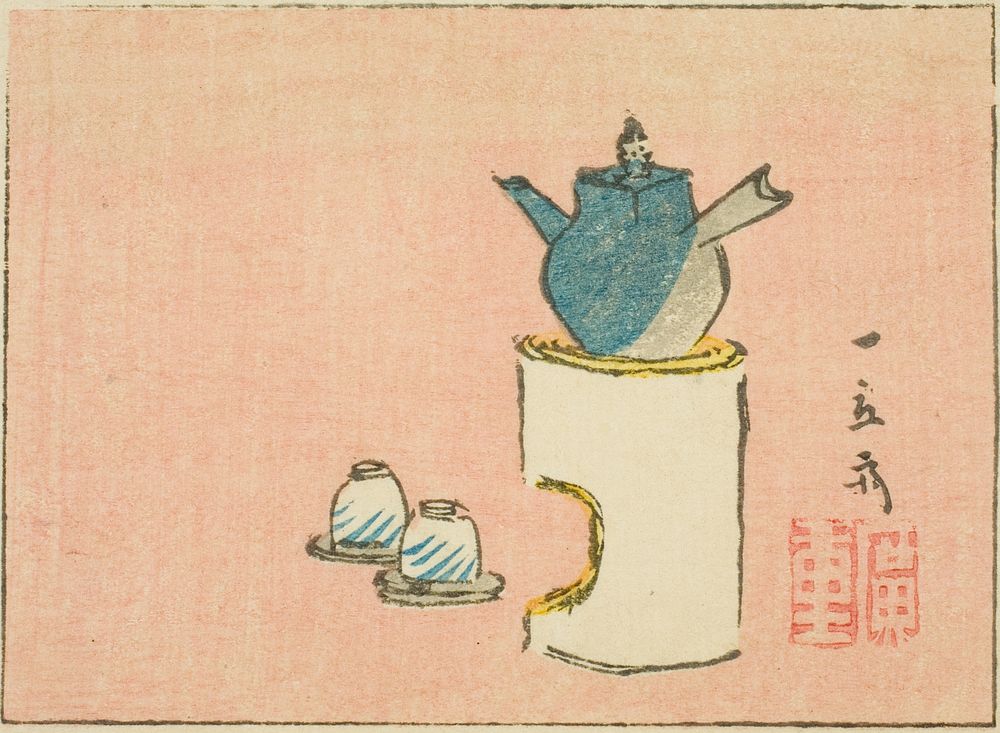 Teapot and cups, section of a sheet from a series of untitled harimaze prints by Utagawa Hiroshige