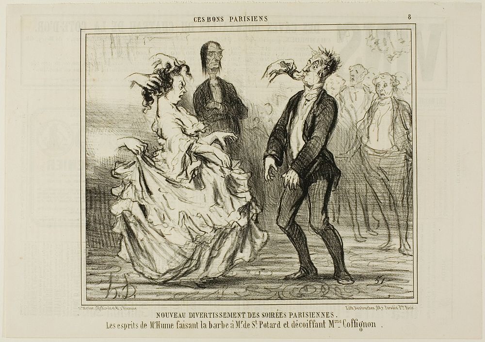 New Entertainment at the Parisian Evening Parties. The spirit of Mr. Hume shaving the beard of Monsieur de St. Potard and…