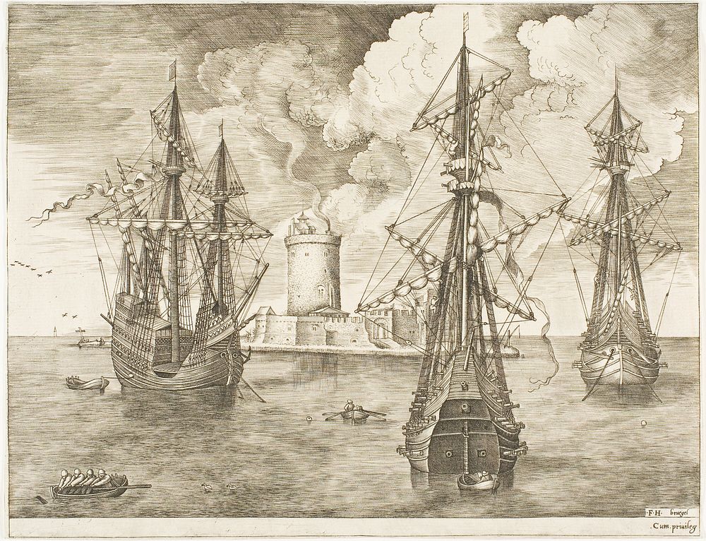 Four-Master and Two Three-Masters Anchored near a Fortified Island with a Lighthouse, from The Sailing Vessels by Franz Huys