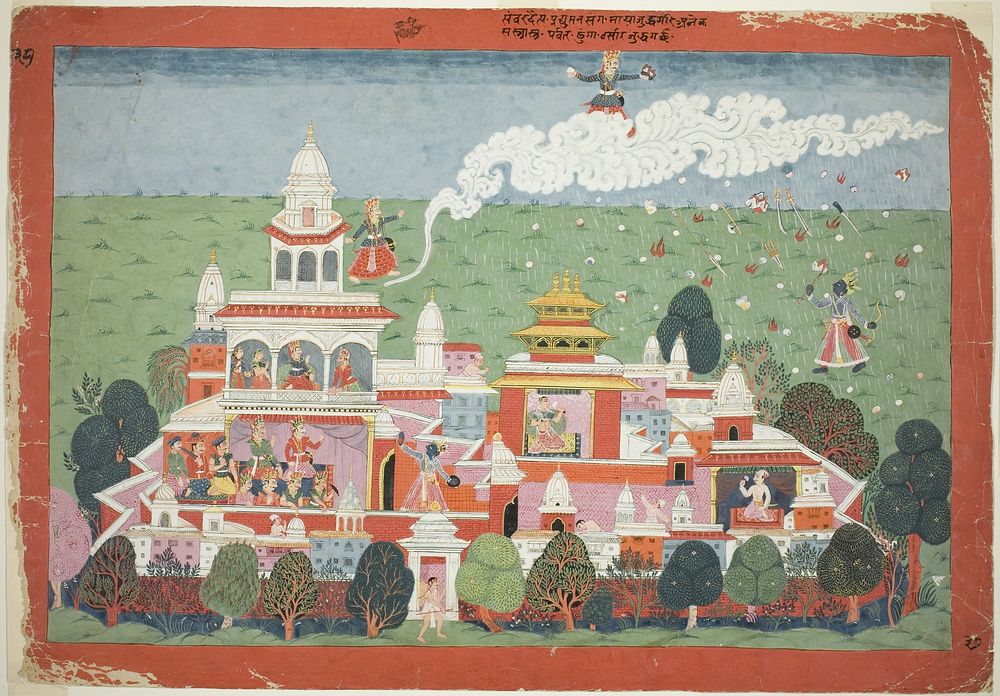 Pradyumna Enters the Palace of the Demon Sambar and Challenges him to Battle, page from a copy of the Bhagavata Purana