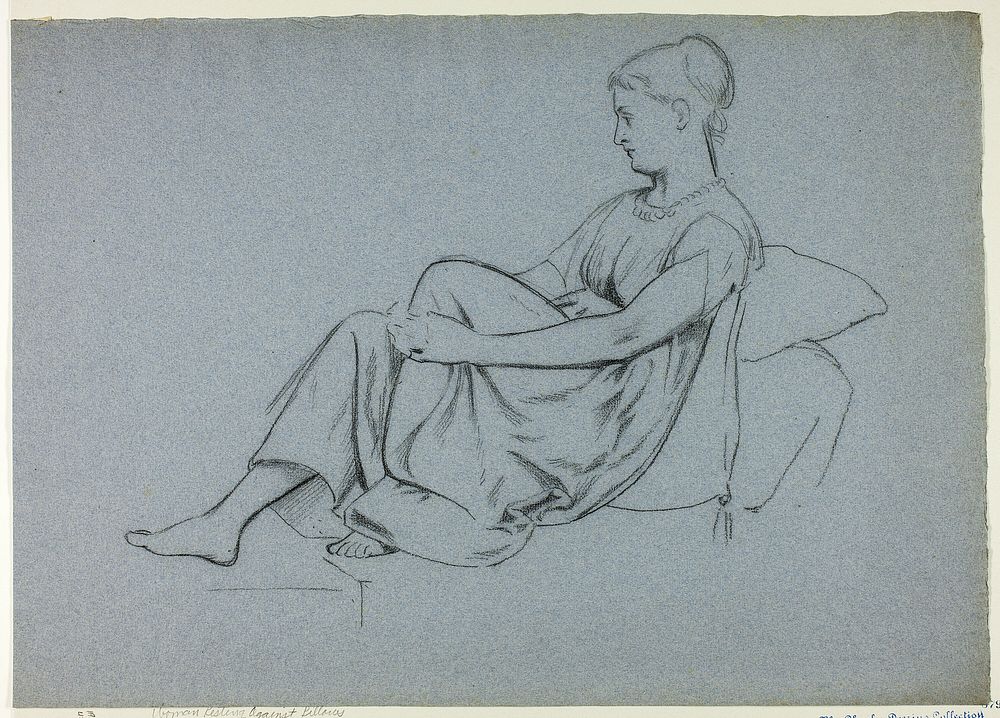 Woman Resting Against Pillows Clasping Her Knee by Henry Stacy Marks
