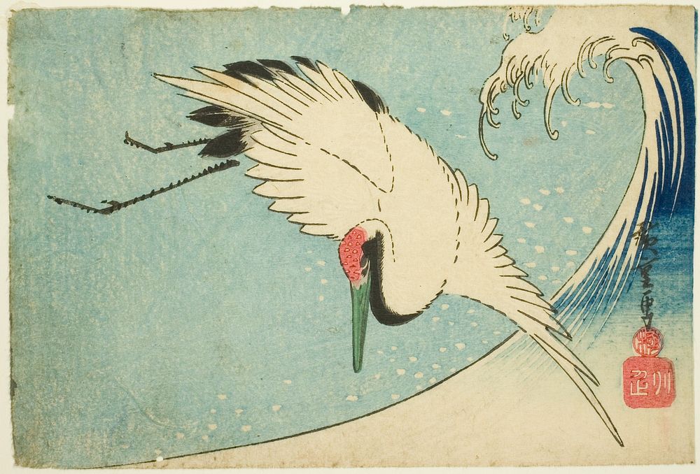 Crane flying over wave by Utagawa Hiroshige