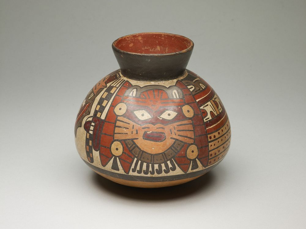 Collared Jar Depicting Costumed Ritual Performer Holding Checkerboard Staff by Nazca