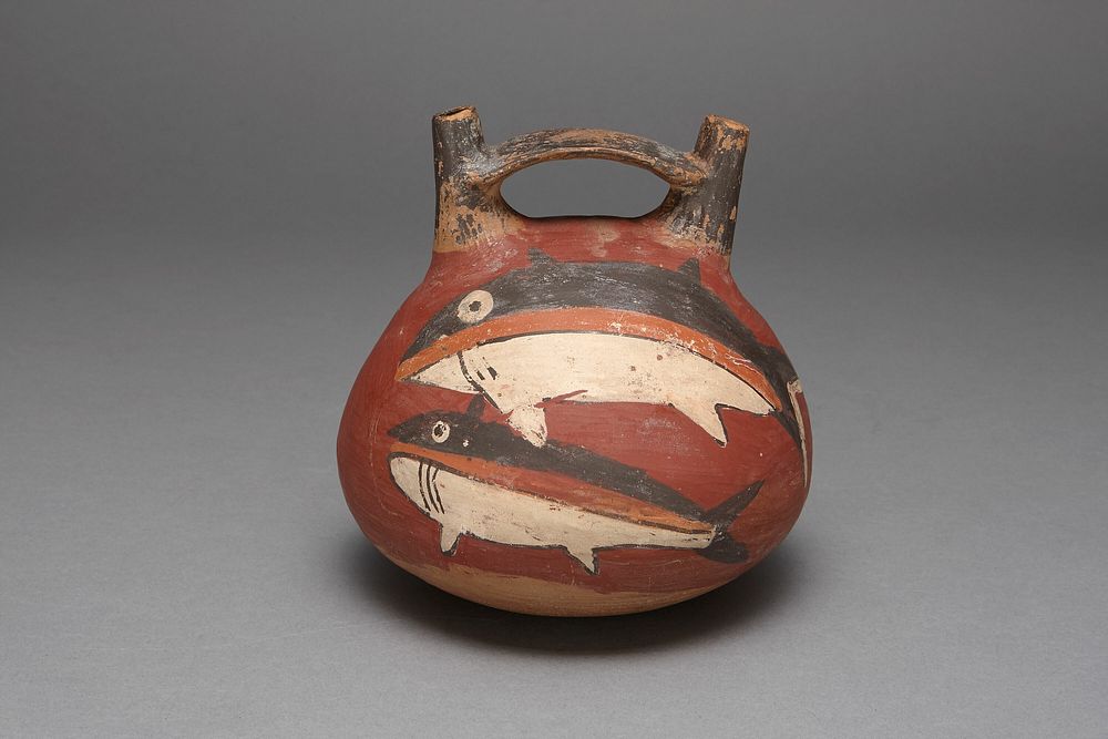 Double Spout Vessel Depicting Sharks by Nazca